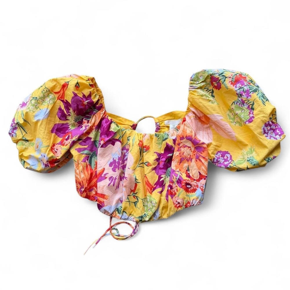 H&M yellow multicolor vibrant floral puff sleeve off shoulder crop top